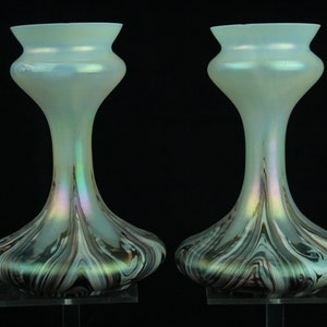 Set van 2 antieke Boho Wilhelm Kralik Sohne Art Nouveau iriserende glazen vazen