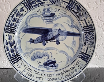 Royal Delft commemorative plate first flight to Dutch East Indies, Batavia, expeditions Fokker F-VII (1924)