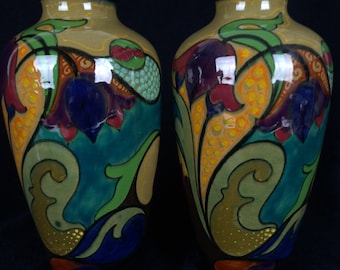 Pair Art Nouveau high gloss Dutch art pottery vases by Plateelbakkerij Zuid-Holland