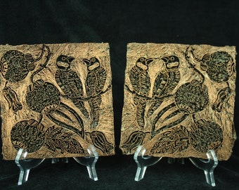 Rare set of two Indonesian (Java) copper batik stamps "tjap", decor of paradise birds (early 20th century)