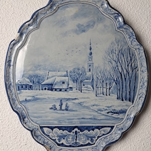 Royal Tichelaar Makkum Delft blue delftware large antique plaque/ tile winterlandscape