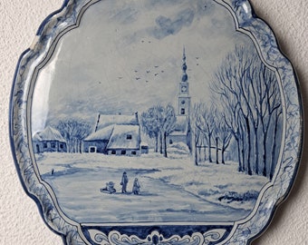 Royal Tichelaar Makkum Delft blue delftware large antique plaque/ tile winterlandscape