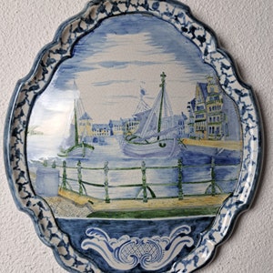 Royal Tichelaar Makkum Delft polycrome delftware large antique plaque/ tile sailboat decor