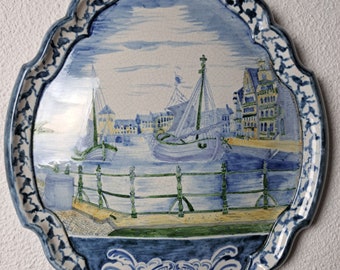 Royal Tichelaar Makkum Delft polycrome delftware large antique plaque/ tile sailboat decor