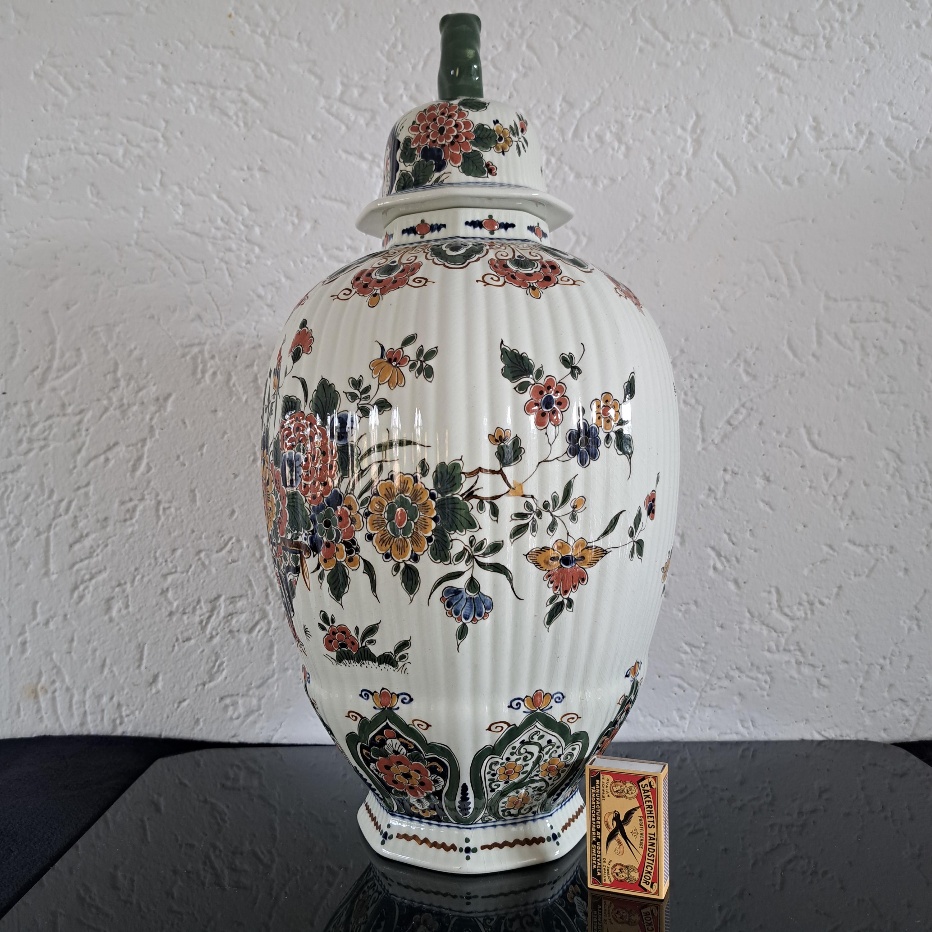 Very Large Royal Delft Polychrome Delft Octagonal Ribbed Lidded