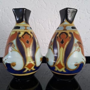 Pair of Art Deco Dutch art pottery OLGA vases by Plateelfabriek Gelria Arnhem