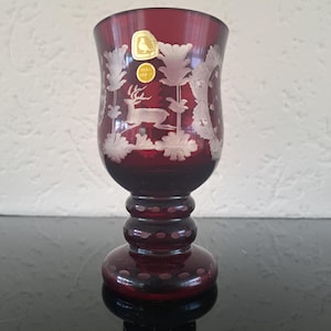 Great German Alfred Taube ruby red engraved lead crystal glass goblet