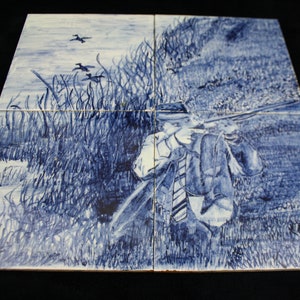 Vintage blue and white deltware tile tableau of four separate tiles &#39;duck hunt&#39;