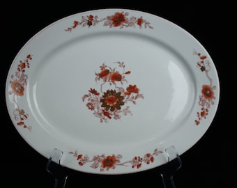 Vista Alegre Pratochin rust orange-red porcelain tableware oval dish, 24 kt gold leaf (size II)
