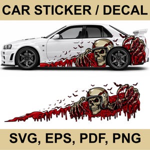 May include: A car sticker decal featuring a graphic of a skeleton wearing a helmet, emerging from a pool of red liquid with clawed hands and a swarm of small black bats. The design is shown applied to a white car and as a standalone graphic.