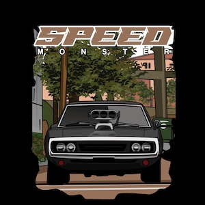 Puede incluir: Un coche de músculo negro con un motor grande y un gráfico de "SPEED MONSTER" en la parte delantera. El coche está estacionado en una calle con árboles y edificios en el fondo.