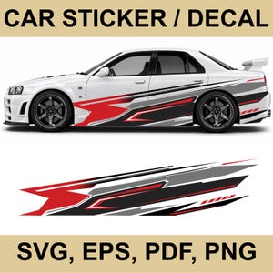 May include: A car sticker decal featuring a dynamic, angular graphic design in red, black, and gray. The decal is displayed both as a standalone graphic and applied to the side of a white sports car. The text CAR STICKER / DECAL and SVG, EPS, PDF, PNG appear.