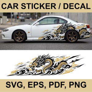 May include: A car sticker decal featuring a detailed illustration of a dragon with gold scales and black outlines, surrounded by stylised black waves and gold clouds. The design is shown applied to the side of a white car and as a standalone graphic.