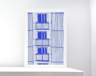 Building with lines A5-A4 Giclée print - Minimalist Blue Architectural Print - Hand-Drawn Art - Giclée on Art Paper - Free Shipping