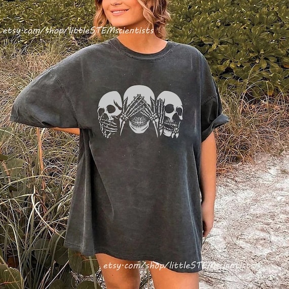 Comfort Colors Women Skull Halloween Shirt, Skull Hear Speak See No Evil, Skull Vintage Tshirt for Women