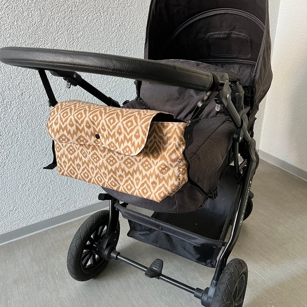 Kinderwagen-Organizer / Kinderwagen-Tasche / Buggy Organizer in Ethnomuster, ockergelb und naturfarben