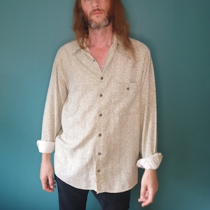Slouchy Herringbone Green Grey Beige Shirt 70s, Vintage, Retro, Boho