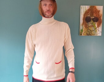 Vintage 80s Jumper Cruise Collection White Roll Neck with pockets And Red details | White Red Pullover | Turtle Neck Jumper