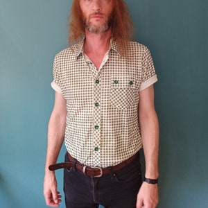 70er Kariertes Grün Creme Kurzarmshirt, vintage, Mod