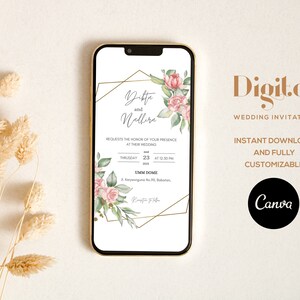 Invitation de mariage numérique, invitation de mariage électronique, carte de mariage numérique, e-invitation de mariage floral, smartphone Einvite, téléchargement instantané