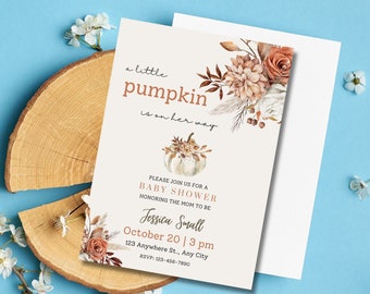 Pumpkin Baby Shower Invitation, Fall Rustic Floral Pumpkin Baby Shower Invite, Little Pumpkin Baby Shower, Gender Neutral Baby Shower Invite