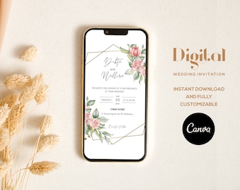 Könnte beinhalten: Eine digitale Hochzeitseinladungsvorlage mit einem goldenen geometrischen Rahmen und rosafarbenen floralen Akzenten. Der Text lautet "Ytte und Nallirn" und enthält das Datum und die Uhrzeit der Hochzeit. Die Einladung ist anpassbar und kann sofort heruntergeladen werden.