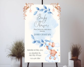 Blue Cute Bear Baby Shower Welcome Sign, Printable Large Baby Shower Welcome Sign Template, Balloons Baby Shower Sign, Boy Baby Shower sign