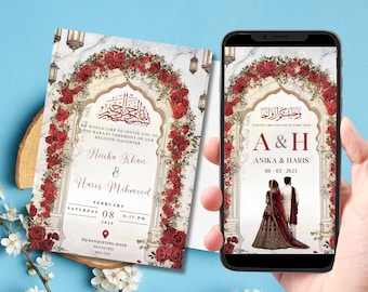Editable Digital Muslim Wedding Invitation Template, Animated Wedding Invitation, Nikkah Red Arch Wedding Invite, Red Baraat Invitation