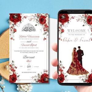 編集可能なデジタルイスラム教の結婚式招待状テンプレート、アニメーションの結婚式招待状、ニッカの赤い花の結婚式招待状、赤いバラートの招待状