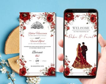 Editable Digital Muslim Wedding Invitation Template, Animated Wedding Invitation, Nikkah red floral Wedding Invite, Red Baraat invite