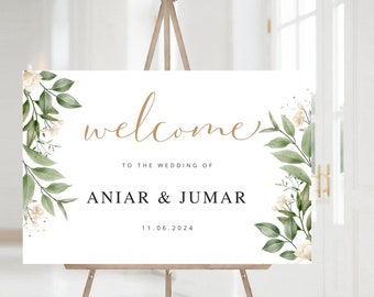 Modelo editável de sinal de boas-vindas de casamento, modelo floral de placa de boas-vindas, pôster de boas-vindas de vegetação, sinalização de boas-vindas personalizada imprimível