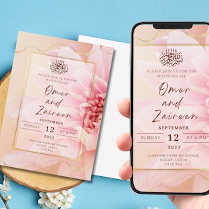 May include: Pink wedding invitation with gold accents and floral design. The invitation reads "Please join us for the wedding of Omer and Zaireen, Sunday, September 12, 2023 at 4 PM, Lineham Farm Weddings, Eccup, Leeds, LS16 8AZ."