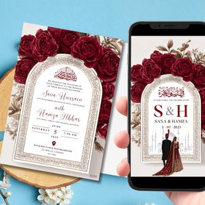 Puede incluir: Invitación de boda con rosas burdeos y un diseño de arco ornamentado. La invitación presenta los nombres "Sana Hussein" y "Hamza Abbas", con la fecha 5 de junio de 2025. Un smartphone muestra un diseño similar con las iniciales "S & H".
