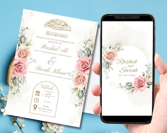 Digitale Muslimische Hochzeitseinladungsvorlage, Pink Floral Nikah Hochzeitseinladung, Bearbeitbare Muslimische Desi Einladung, Animierte Hochzeitseinladung