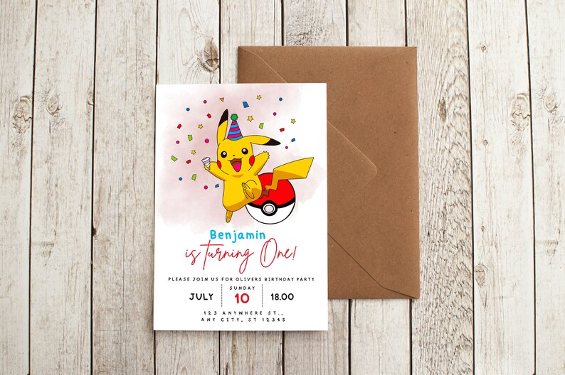 May include: A birthday invitation featuring a cartoon Pikachu character holding a party hat and a glass of champagne. The invitation is for a party celebrating a child turning one year old. The text on the invitation reads "Benjamin is turning One!" and includes the date, time, and address of the party.