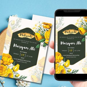 May include: A green and gold invitation card with yellow floral designs. The text on the card reads "Mehendi" and "Maryam Ali". The date and time of the event are listed as "October 17, 2023 at 6 PM". The location is listed as "Lalas Banqueting Suites, Bradford BD8 900".