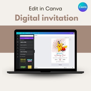 May include: A digital invitation for a birthday party featuring a cartoon Pikachu character. The invitation is designed in Canva and includes the text "Benjamin is turning one!" and details about the party, including the date, time, and location.