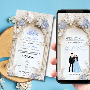 Modèle numérique modifiable de faire-part de mariage musulman Nikkah Walima, invitation florale bleue, faire-part de mariage animé, faire-part de mariage arche