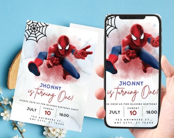 May include: A red and blue Spiderman character is featured on a white and red watercolor background. The text "JHONNY is turning One!" is written in red and blue. The invitation includes the date, time, and address for a birthday party.