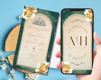 Digital Muslim Wedding Invitation Template, Nikkah Walimah Shaadi Baraat Emerald Green invite, Animated Wedding Invitation, Wedding Invite