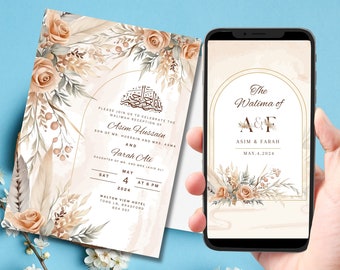 Digitale muslimische Hochzeitseinladungsvorlage, Beige Rose Floral Nikah Hochzeitseinladung, bearbeitbare muslimische Einladung, animierte Hochzeitseinladung