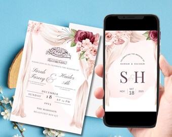 May include: Wedding invitation with floral and calligraphy design. The invitation features the names Sarah & Haider, with the date December 18, 2023. A smartphone displays a digital version of the invitation. The background is light blue.