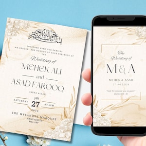 Modèle numérique de faire-part de mariage musulman, invitation florale Nikah crème neutre or, carte islamique Baraat Walima réception modifiable Evite