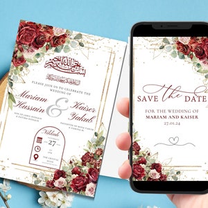 Modello modificabile di invito a nozze musulmano digitale Nikkah Shaadi Baraat, invito a nozze animato rosso bordeaux, invito a nozze islamico