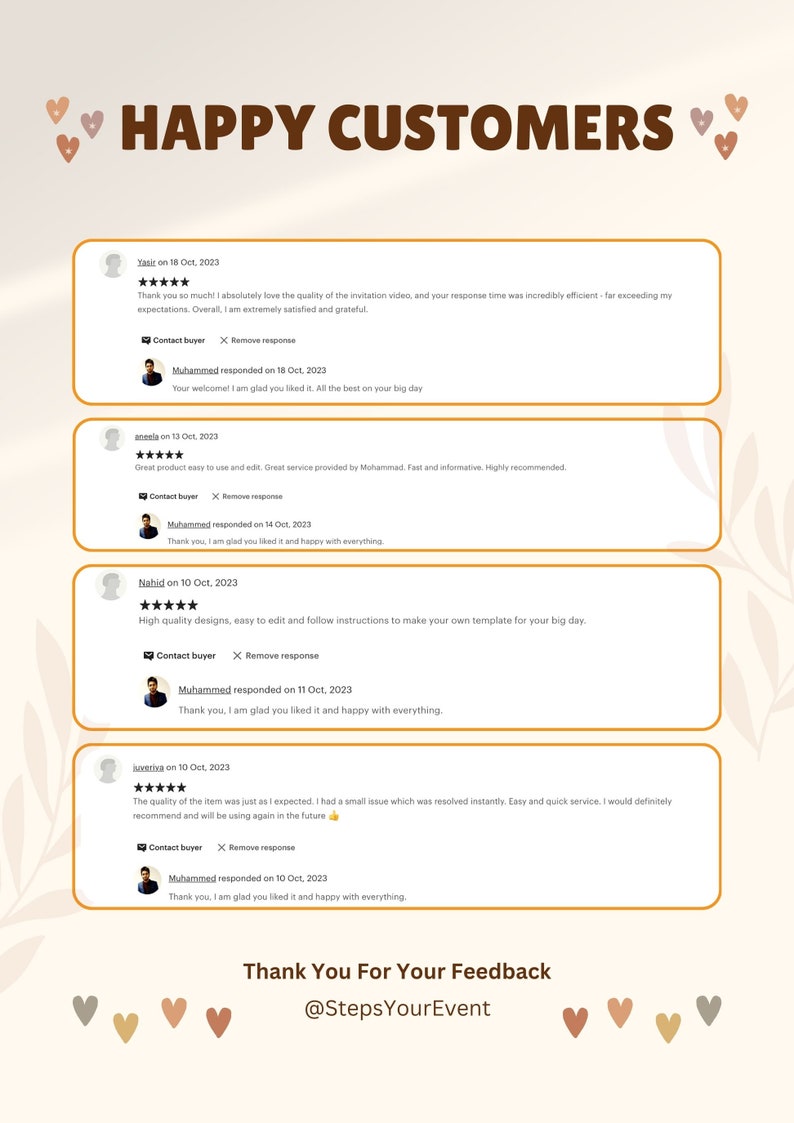 May include: A collage of customer reviews for a digital product. The reviews are all positive and highlight the quality of the product and the excellent customer service. The reviews are displayed on a light beige background with brown hearts at the top and bottom.