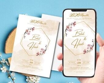 May include: Wedding invitation with gold script and floral accents. The invitation features the names "Bilal & Hinah" within a geometric frame, with the date June 29, 2023, at 5 PM. The design is displayed on a smartphone and printed cards.