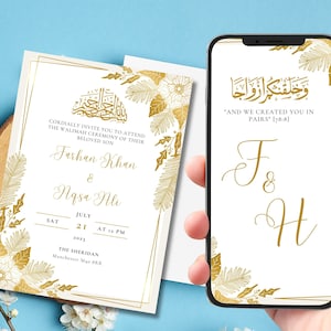 May include: Gold wedding invitation with floral design and the text "CORDIALLY INVITE YOU TO ATTEND THE WALIMAH CEREMONY OF THEIR BELOVED SON Farhan Khan & Aqsa Ali SAT JULY 21 AT 12 PM THE SHERIDAN Manchester M40 8RR". A gold phone screen with the text "وخلقتكم ازواجا "AND WE CREATED YOU IN PAIRS" [78:8] F & H" and floral design.