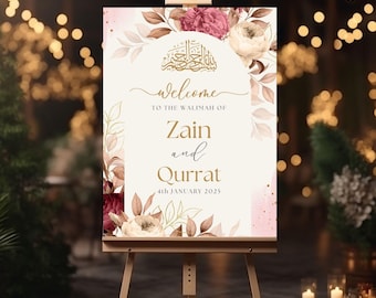 Floral Wedding Welcome Sign, A1, A2, A3, A4, Pakistani Wedding, Walima sign, Muslim Welcome Sign, Maroon flower Welcome Sign, Walimah