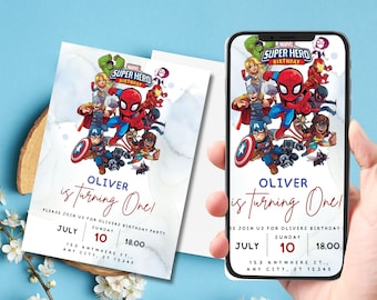 Modèle d’invitation d’anniversaire Avengers, modèle de fête numérique pour enfants, invitation Avengers, invitation à une fête d’anniversaire modifiable, invitation à une fête