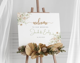 Modelo editável de sinal de boas-vindas de casamento, modelo floral de placa de boas-vindas, pôster de boas-vindas de vegetação, sinalização de boas-vindas personalizada imprimível